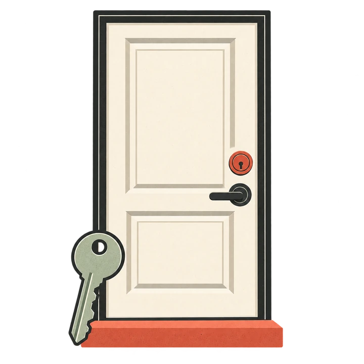 Flat editorial illustration of residential key and door hardware