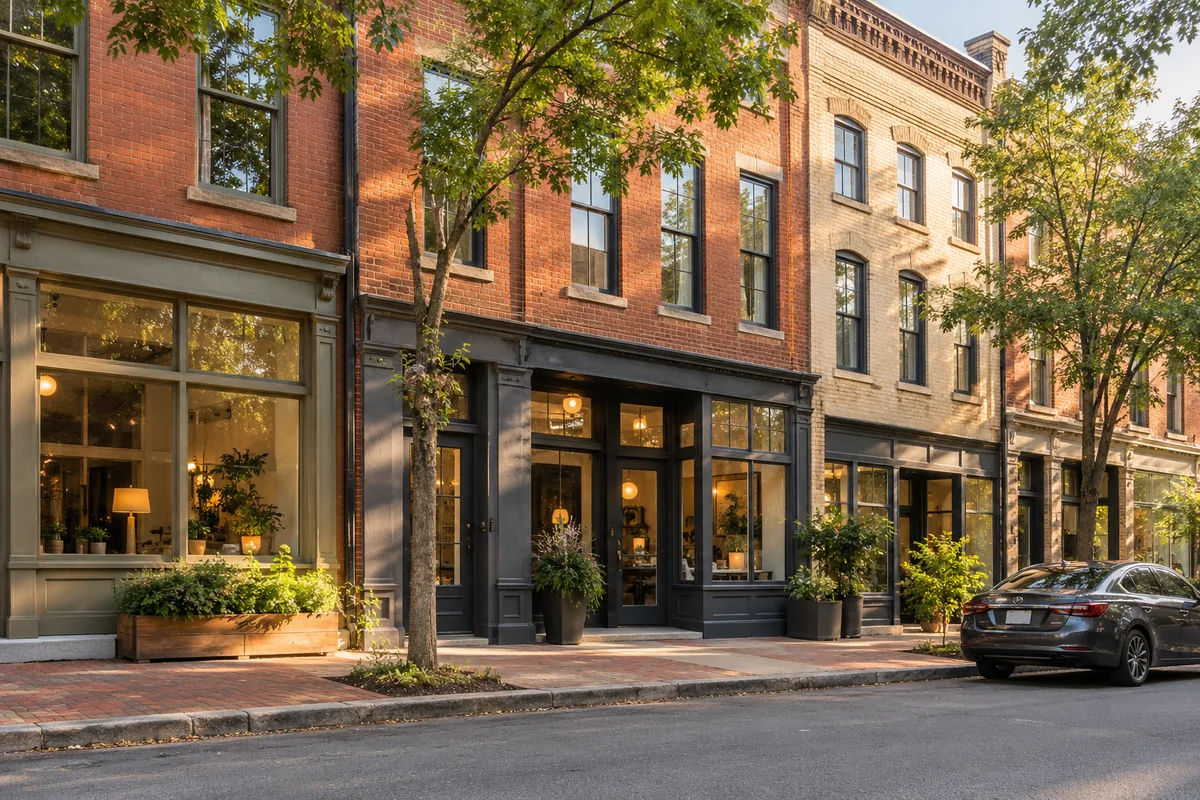Representative Ohio urban brick storefronts and curbside parking.