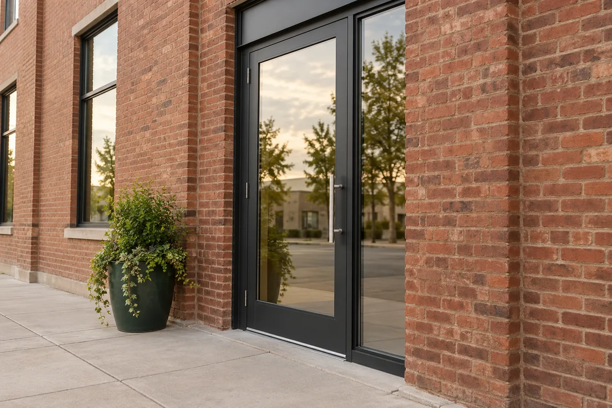 Representative Ohio brick commercial entrance and sidewalk.