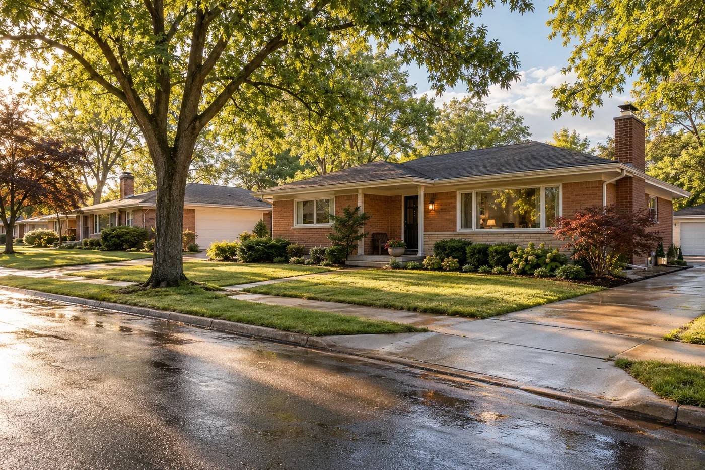 Representative southwest Ohio brick home and leafy residential street.