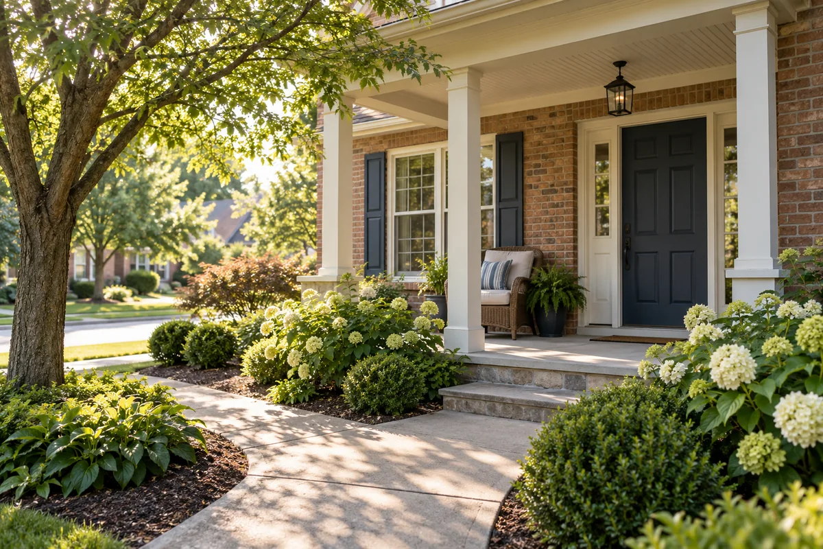 Representative southwest Ohio home porch and front garden path.