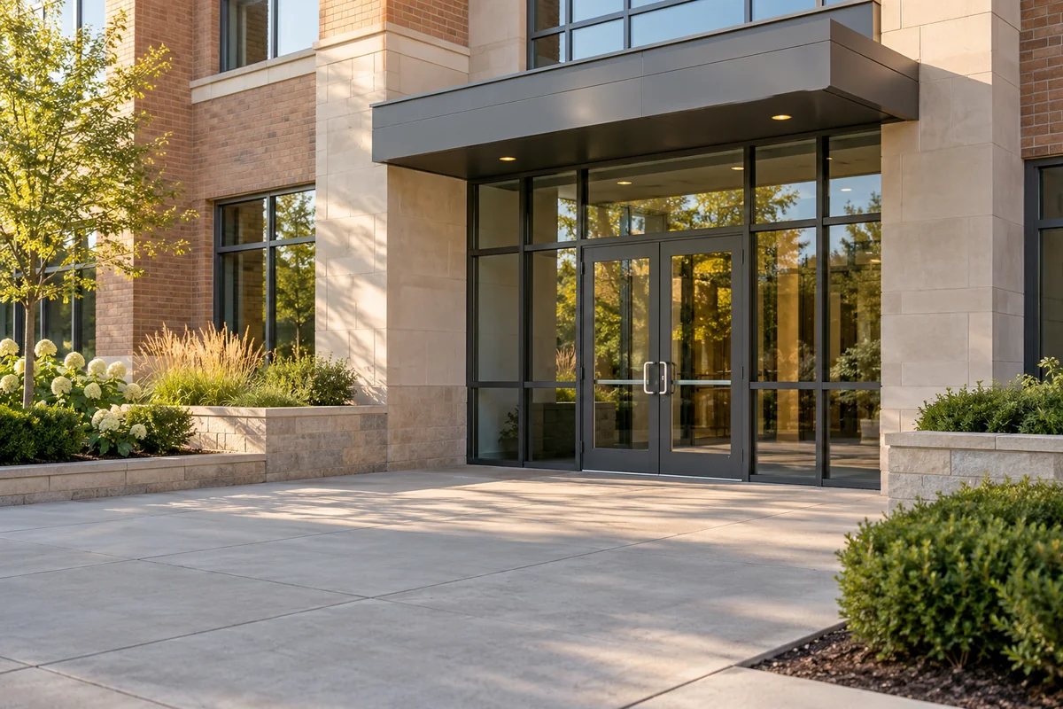 Illustrative Ohio office courtyard with glass entry doors and planted walkways.