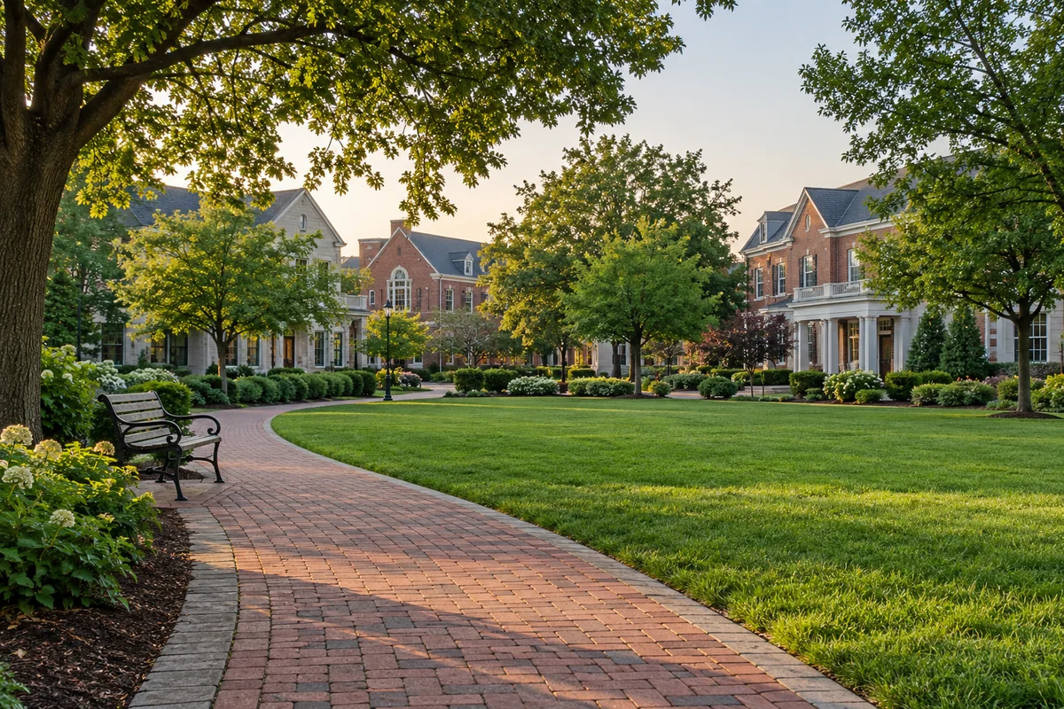 Illustrative Ohio community green with a brick path and surrounding buildings.