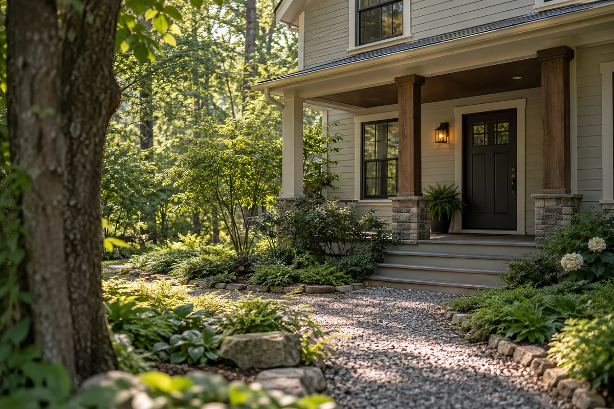 Illustrative Ohio wooded neighborhood home with a detached covered porch.