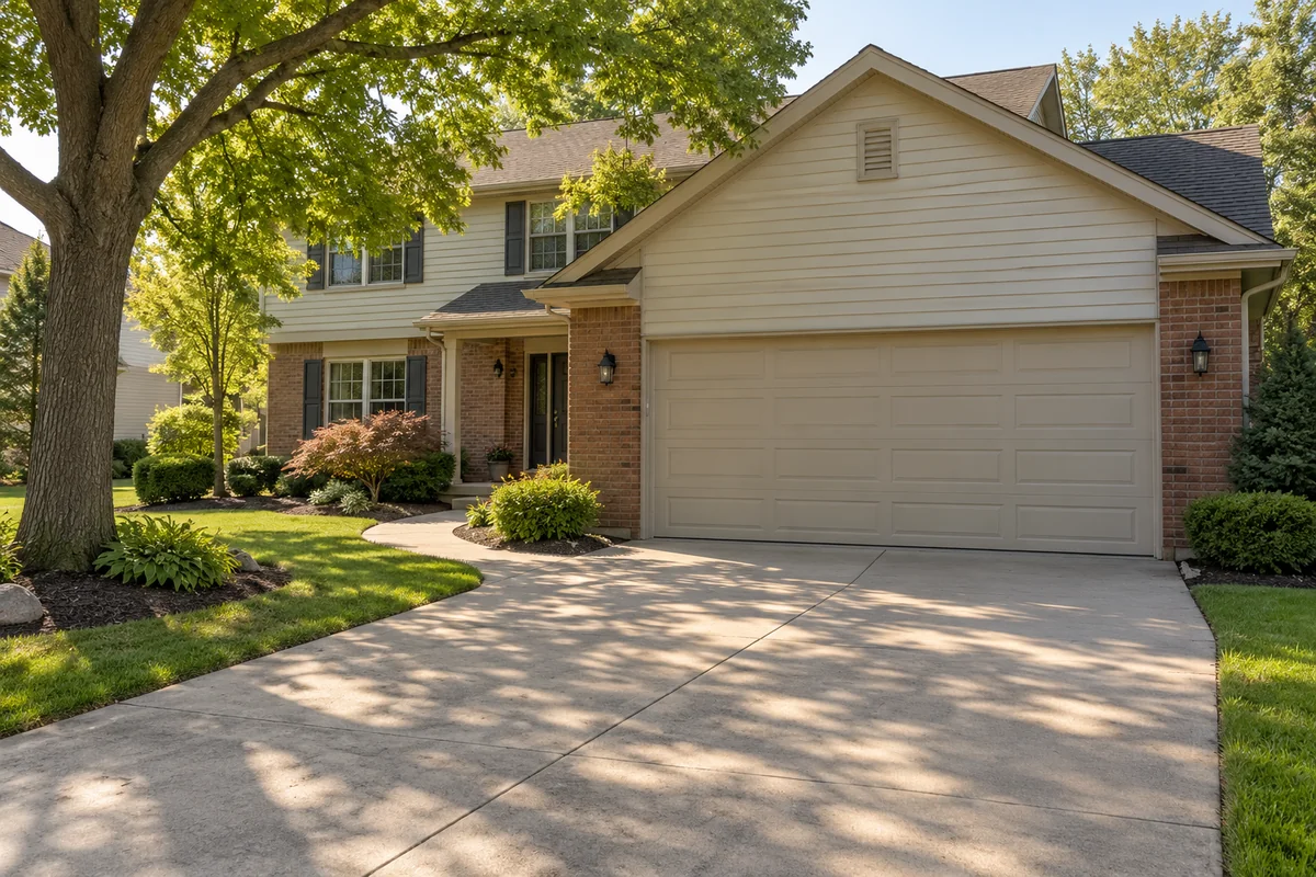 Illustrative Ohio suburban house with a closed two-car garage and mature trees.