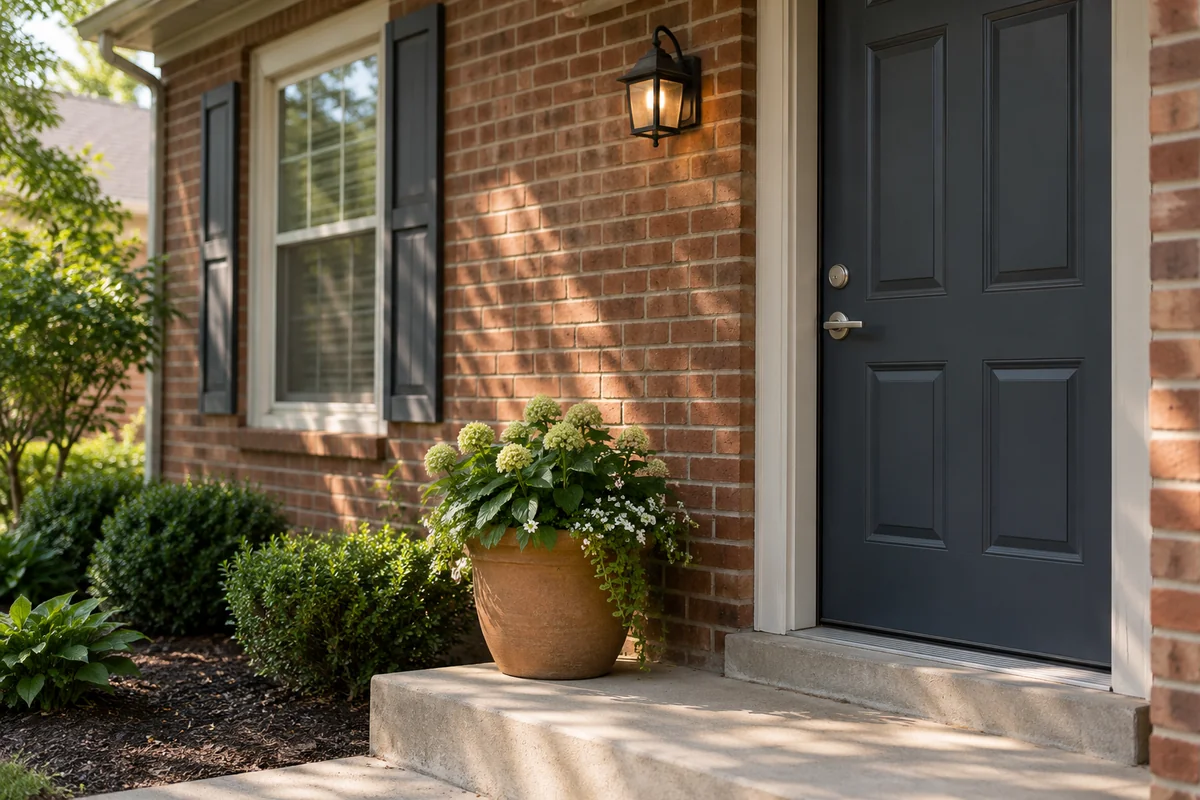 Illustrative Ohio brick home entrance with a dark door and simple lock hardware.