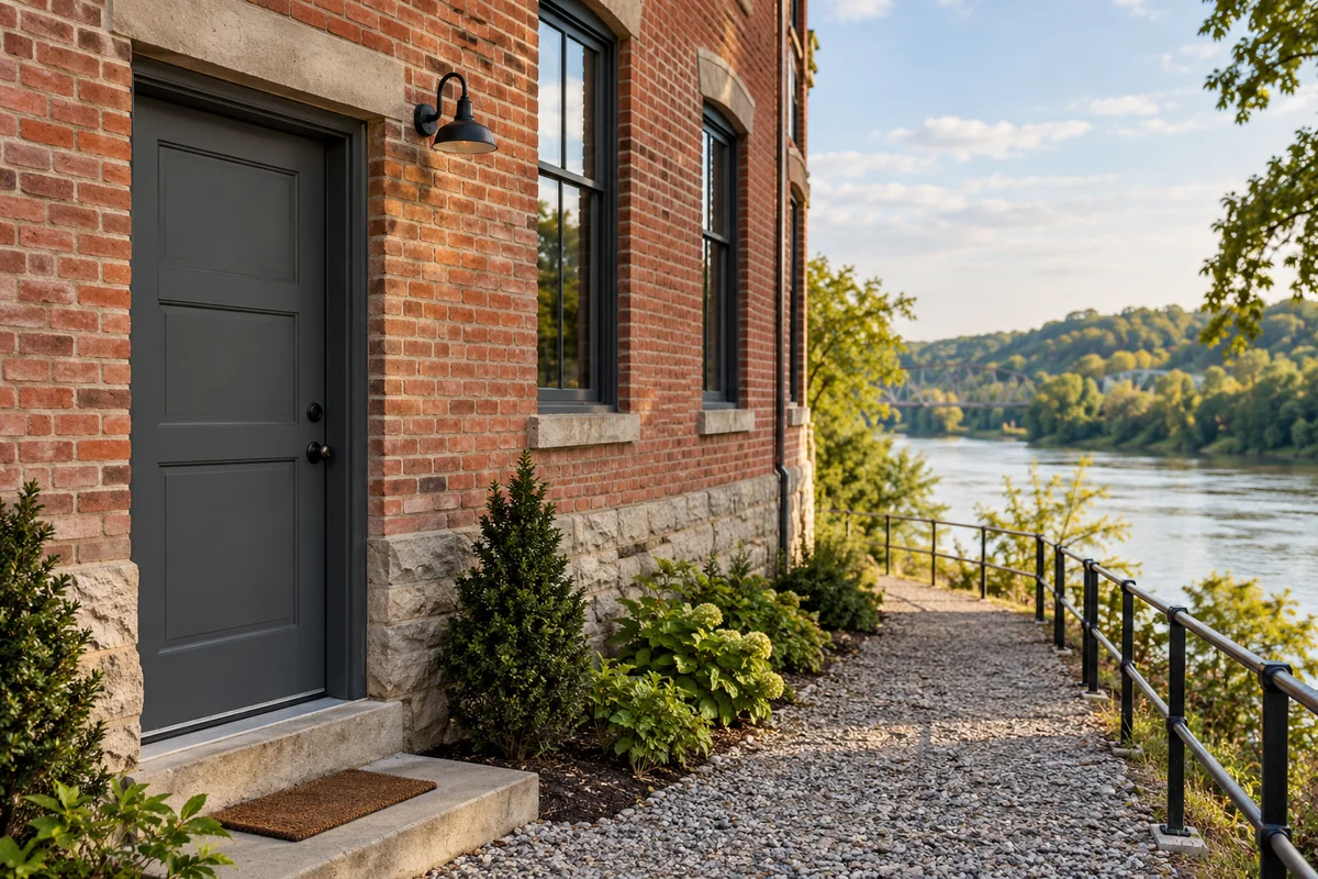 Illustrative Ohio riverside side entrance beside a small brick building.