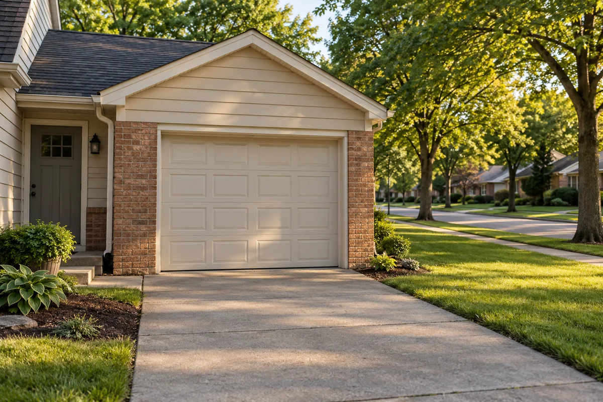 Illustrative Ohio residential garage entrance beside a quiet neighborhood street.